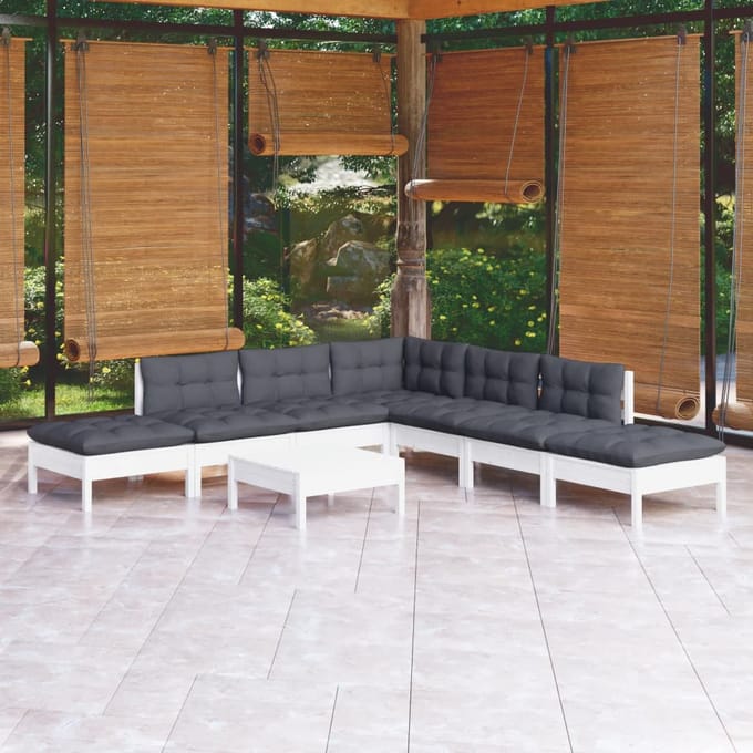 vidaXL - 8-delige - Loungeset - met - kussens - grenenhout - wit