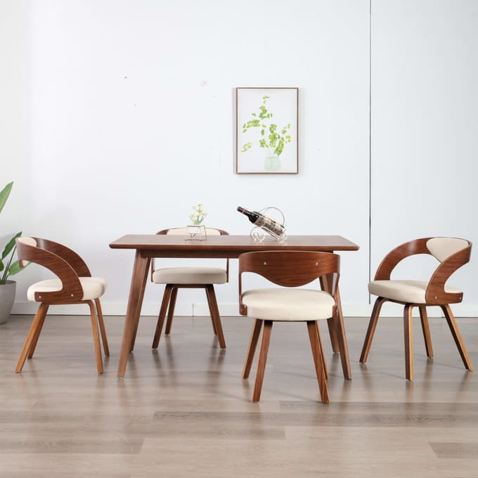 vidaXL - Eetkamerstoelen - 4 - st - gebogen - hout - en - kunstleer - crèmekleurig
