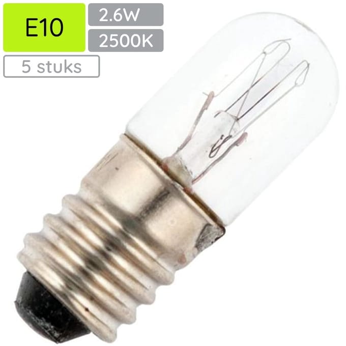 Signaallamp E10 130V 2.6W - 20 mAh - 5 stuks - T10 Gloeilamp Ø10mm - 28mm - 2500K - Dimbaar