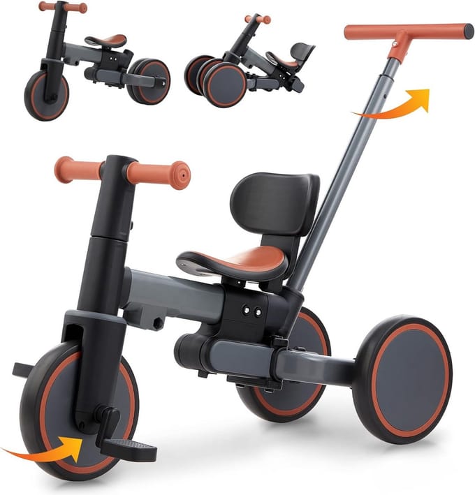 Kinderdriewieler - Loopfiets - Leren Fietsen - 5-in-1 Functies - 75 cm - Grijs