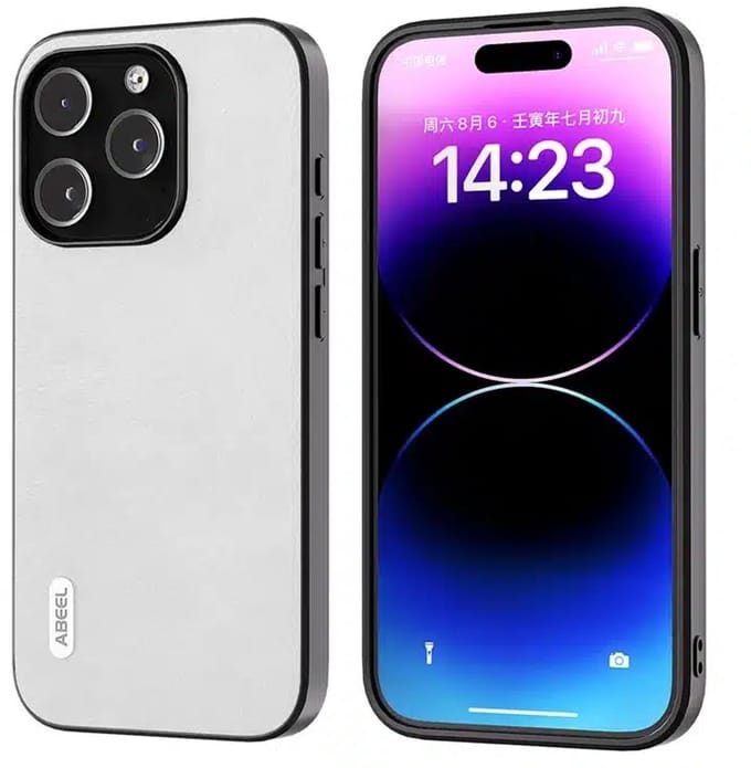 ABEEL - Backcover iPhone 15 Pro - Cowhide Leather+PC+TPU - Litchi - Anti-Scratch - Wit