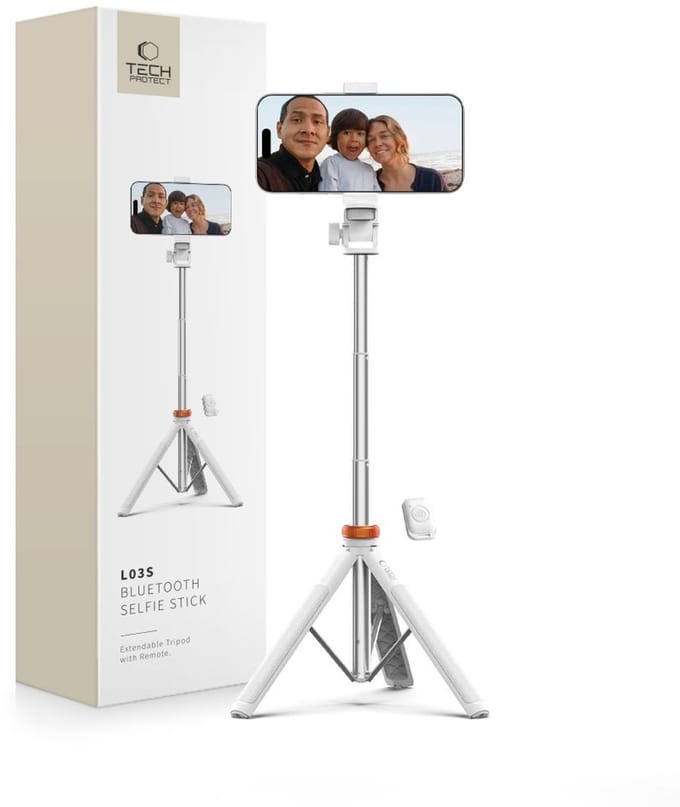 Tech-Protect L03S Bluetooth Selfie Stick with Remote Control Tripod up to 148cm and 180 Head - White