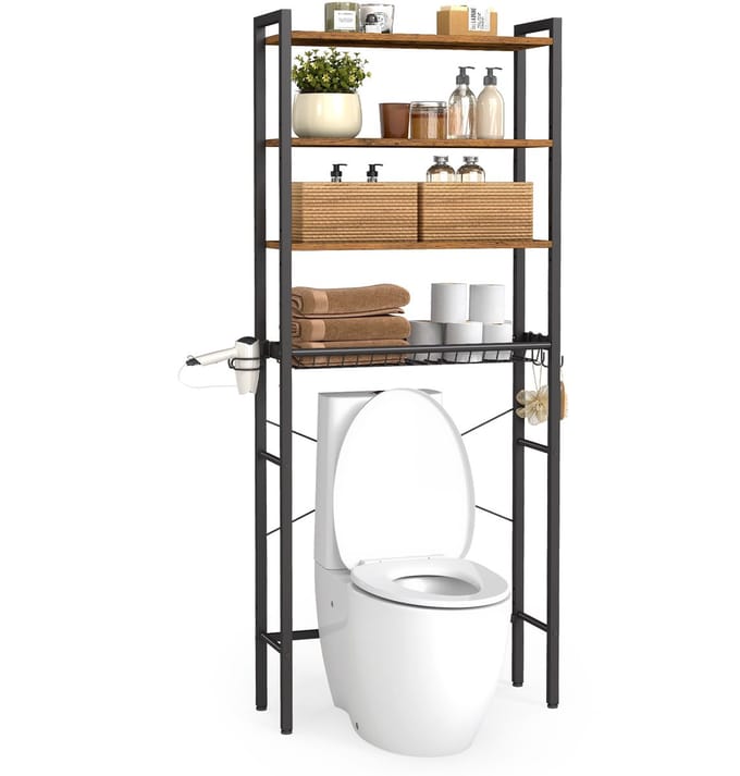 VASAGLE - WC Rek - Met Verstelbare Planken - Met Föhnhouder en 3 Haken - Ruimtebesparend