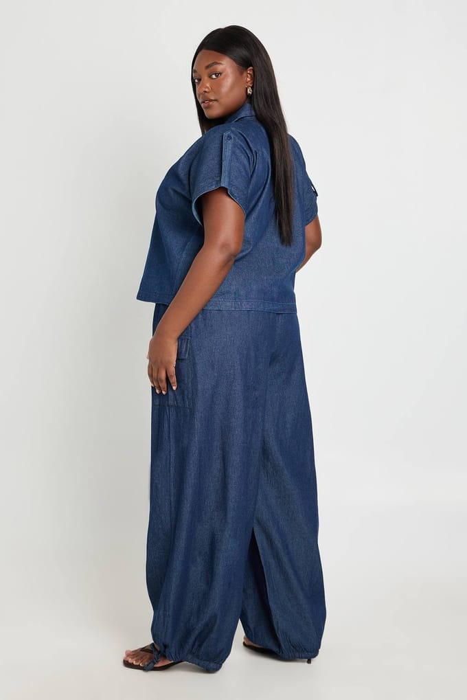 boohoo Dames Plus Chambray Ballonbroek | Indigo | Maat: 52