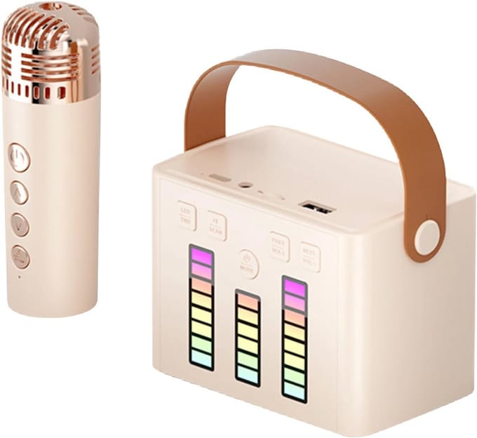 Karaokemachine voor kinderen, luidsprekermicrofoonset, karaoke-microfoonmachine, draagbare karaoke-luidspreker met microfoon en draadloze verlichting, led-verlichting voor kinderen（Beige）