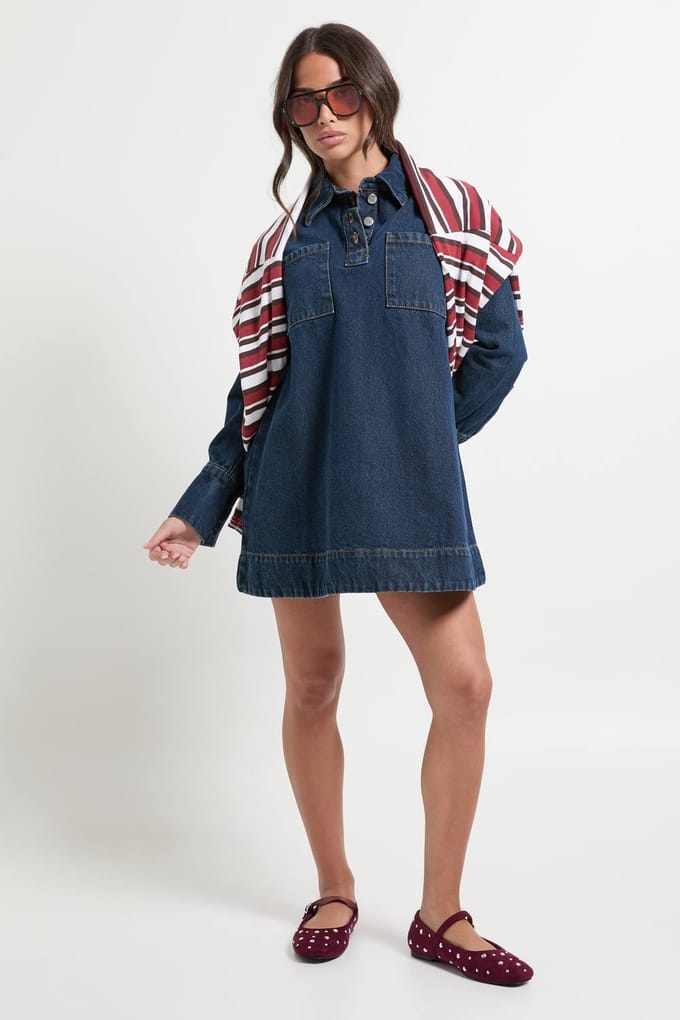 boohoo Dames Petite denimjurk met lange mouwen | Indigo | Maat: 4