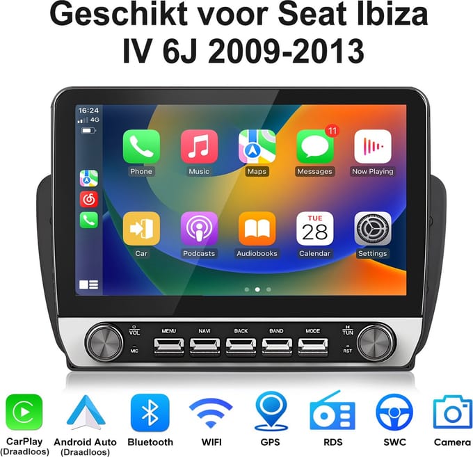 Junsun Android 15 Autoradio Geschikt Voor Seat Ibiza IV 6J 2009-2013 Accessoires, Draadloze CarPlay & Android Auto, Bluetooth, GPS-Navigatiesystem, 10.1-inch IPS Touchscreen, WIFI & USB, SWC & DAB+ 2GB +64GB, DSP, Quad-core processor