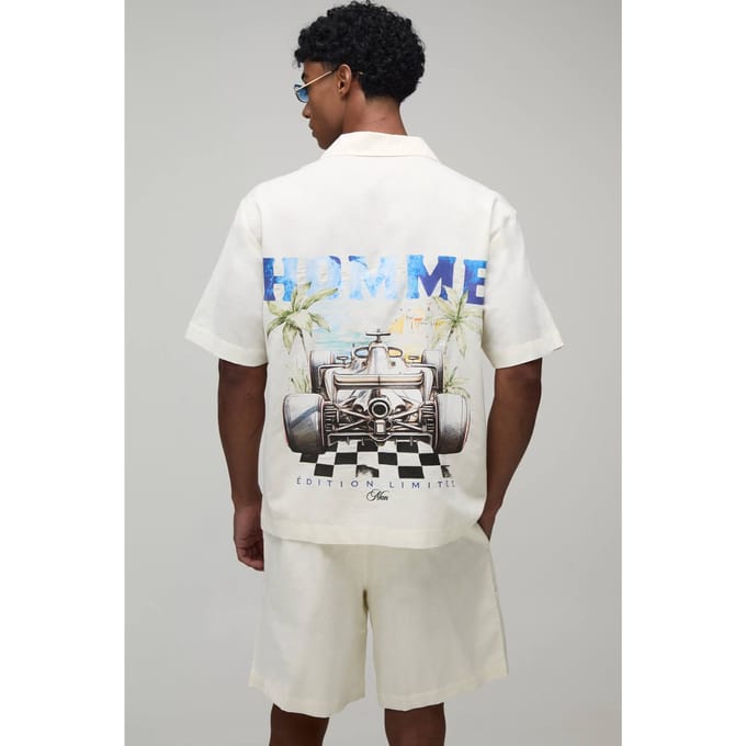 Homme Racing Back Print Oversized Shirt & Short Set | Ecru | Size Medium