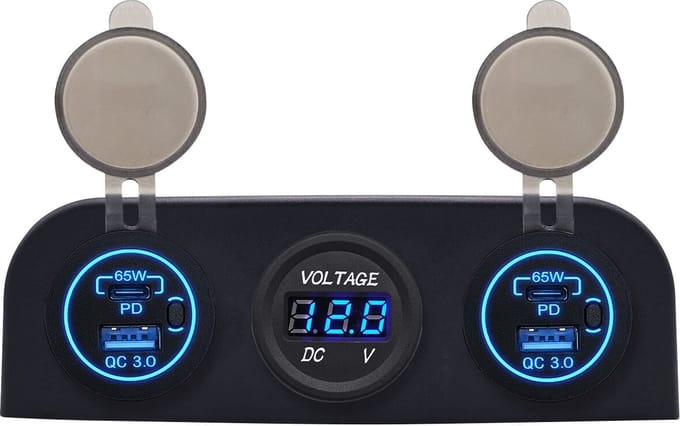 ProRide 12V USB Autolader 4 Poorten - 65W/QC3.0 - P19172 - Drievoudig opbouw paneel met Voltmeter