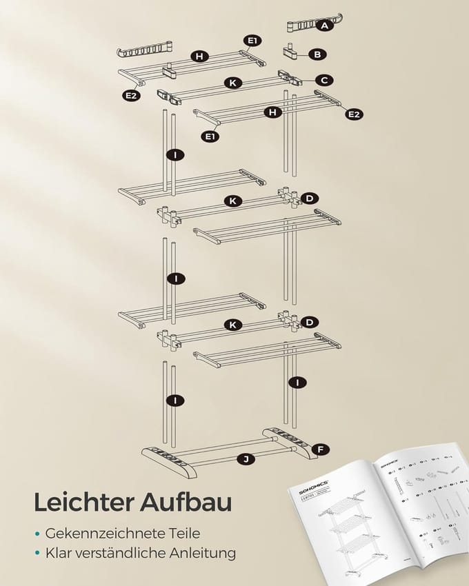 FurnStar - Drying Rack - Standing Drying Rack - 4 levels - Wing Washing Rack - Folding Wings - With Wheels - 64 x 126 x 172 CM