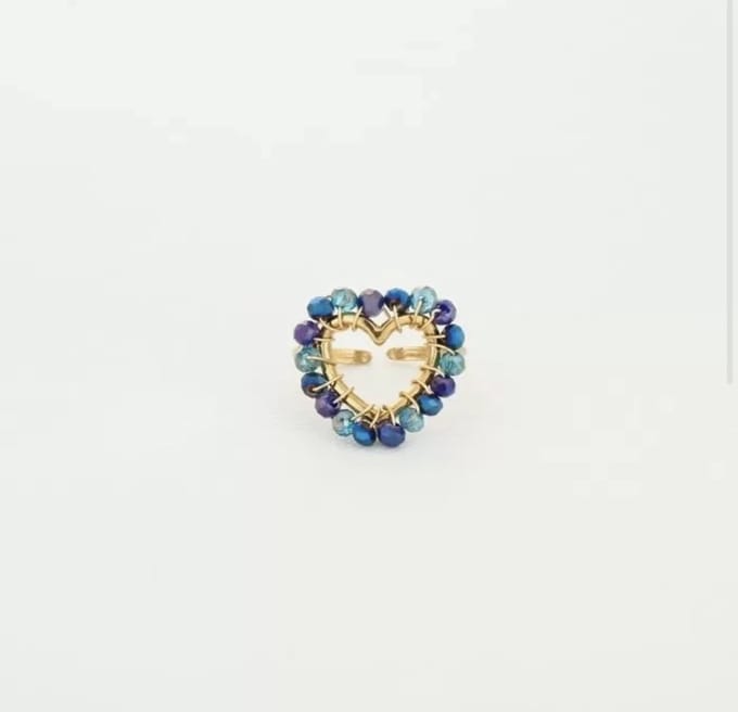 Michelle Bijou, ring, goud, kralen, blue, hart, stainless steel