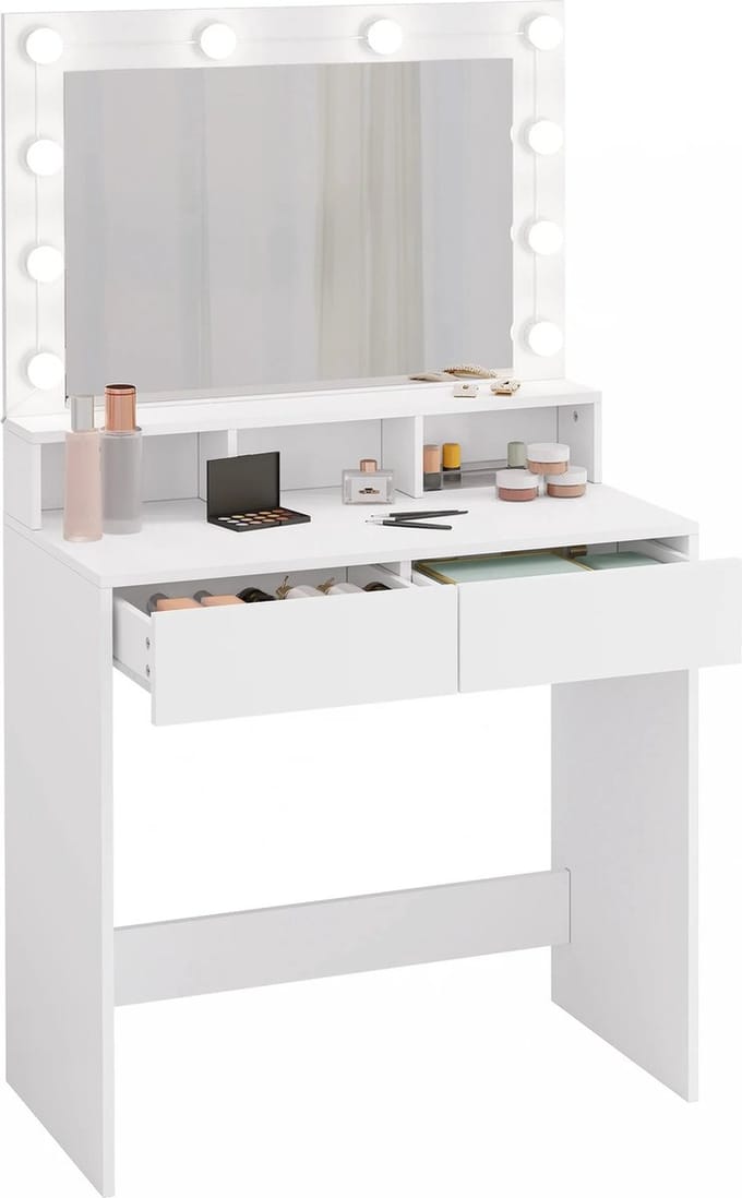 DHN Make-up tafel - Met verlichting - Kaptafel Met Verstelbare Led Verlichting Spiegel 2 Laden - Commode met Verlichting - Wit