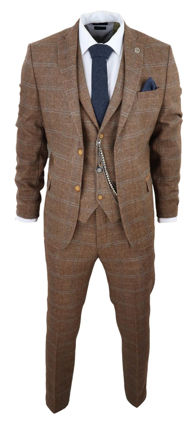 Heren 3-Piece Wollen Pak Eikenbruin Tweed Visgraat Ruit Peaky Blinders Gatsby