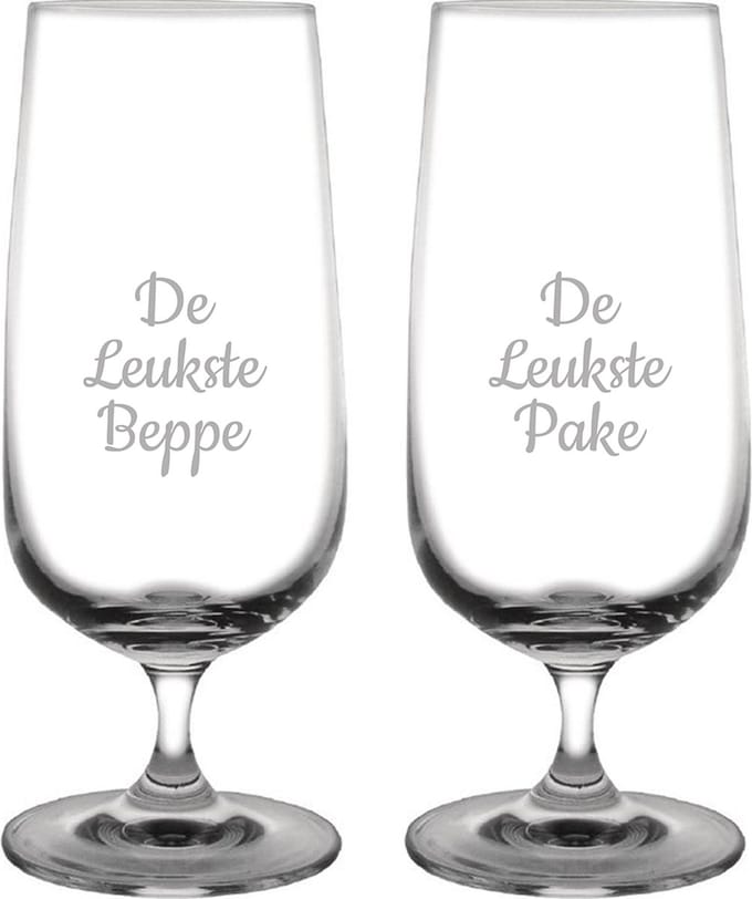Gegraveerde bierglas op voet 41cl De Leukste Pake- De Leukste Beppe