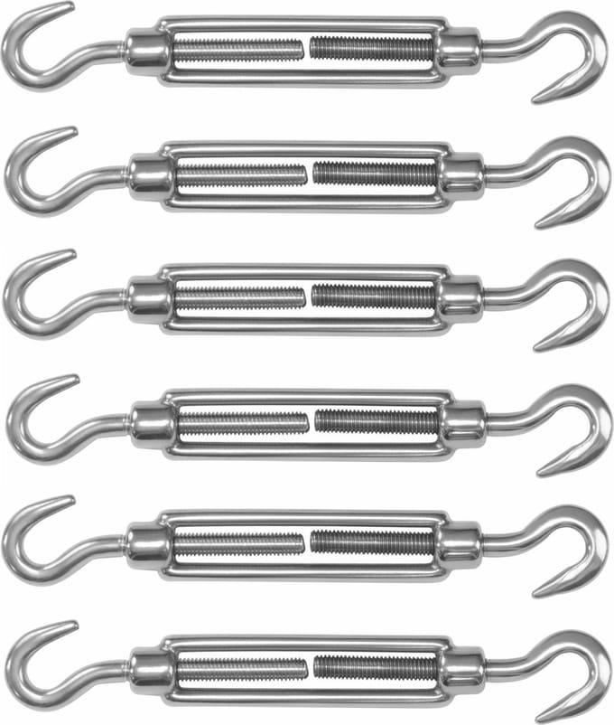 AMIG Spanschroeven/draadspanner met haak/haak - 6x - 11cm - 316L RVS - 120kg - M6 schroefdraad