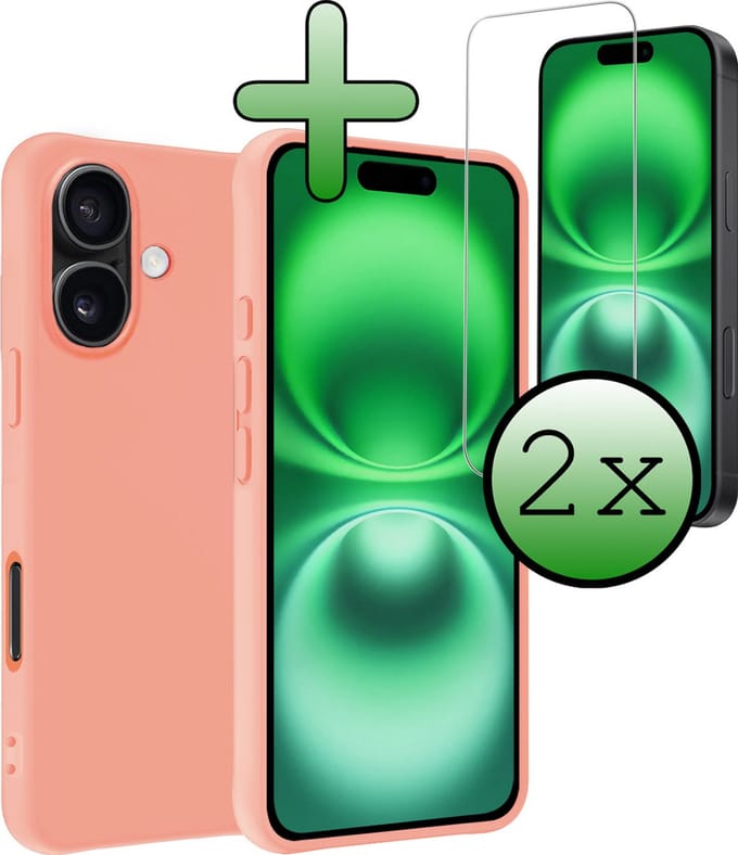 Hoesje Met 2x Screenprotector - Geschikt voor Apple iPhone 16 - Sterk & Shockproof - Back Cover - Siliconen Case - Telefoon Hoes - Perzik