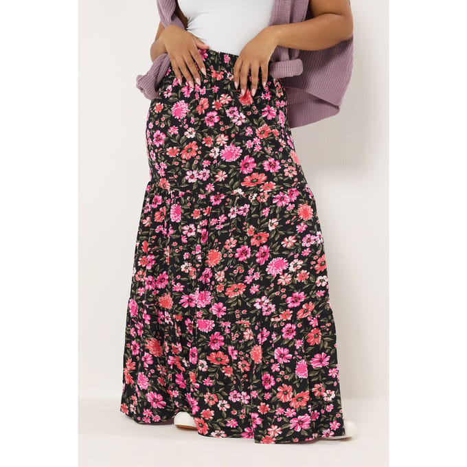 Yours Zwarte Gelaagde Maxirok Met Bloemenprint Size 48