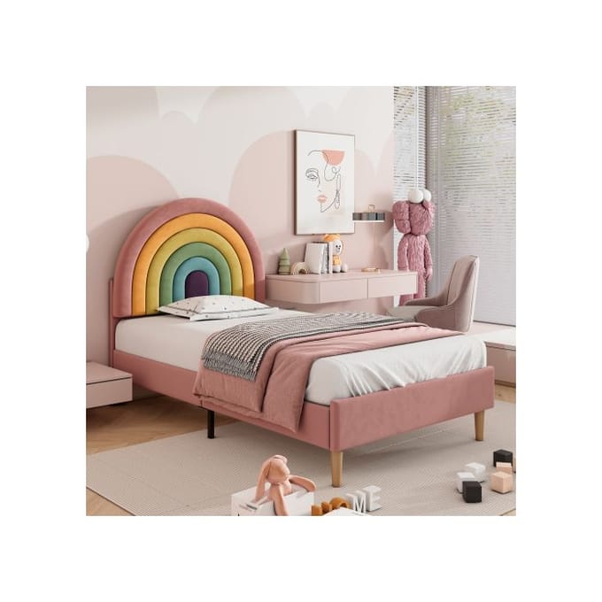 Lit rembourré - MUVOE - 90x200 cm - Tête de lit réglable - Velours rose - 1 place rose