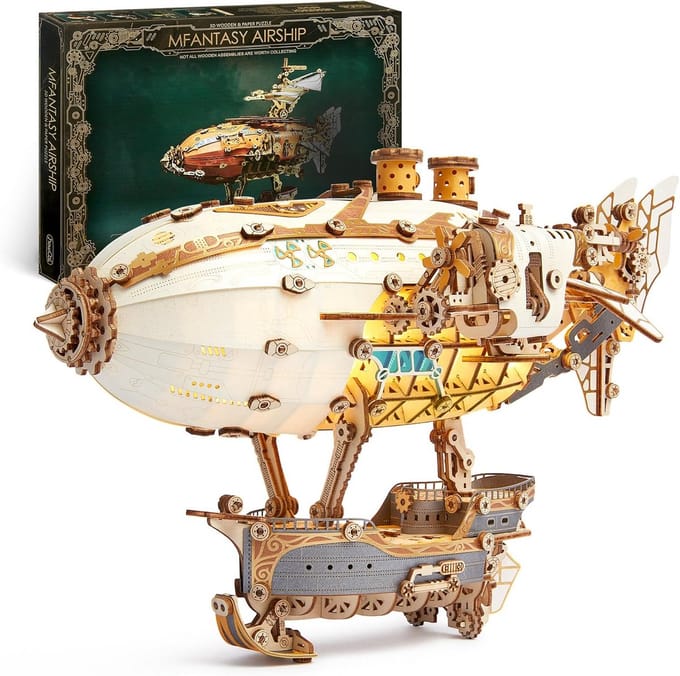3D Houten Puzzel Luchtschip Model Steampunk DIY Knutselkit met LED Lichten