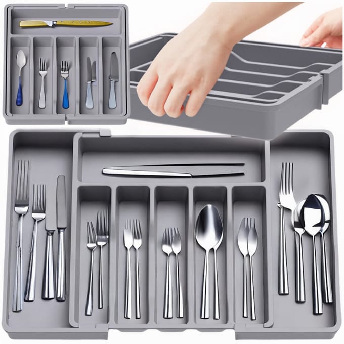 More&Deco - Organizer voor Besteklade - Grijs - Verstelbaar - 33-57 cm