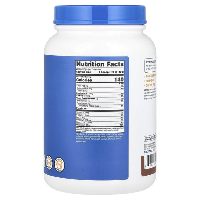 Nutricost, Isolat de Protéine de Whey Nourri à l'Herbe, Chocolat au Lait, 2 lb (907 g)