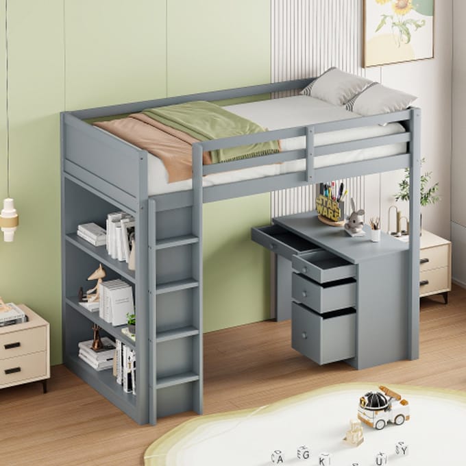 Halfhoog Bed 90x200 cm met Opbergkasten en Computertafel, Multifunctioneel Houten Kinderbed, Grijs