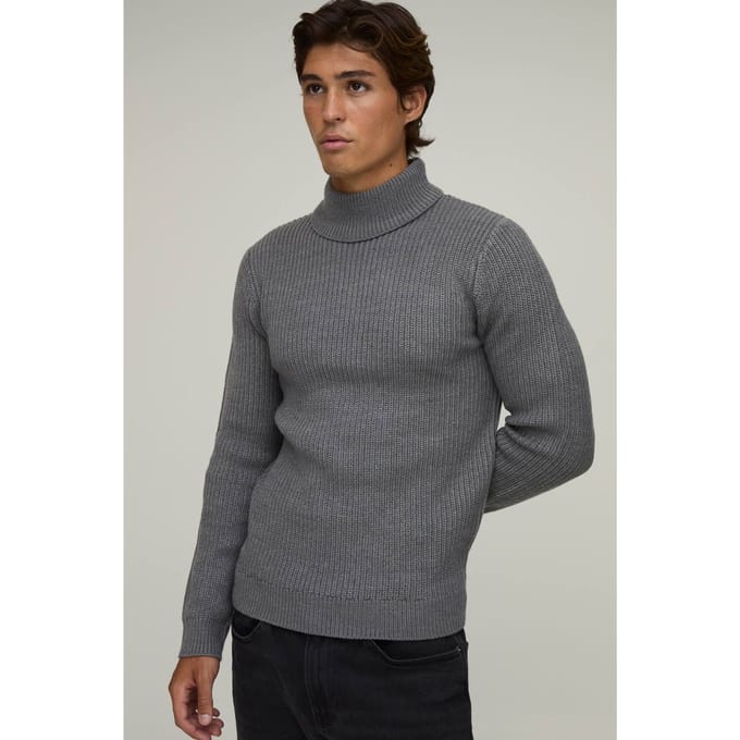 Muscle Fit Geribbelde Coltrui Gebreide Trui | Charcoal | Size Medium