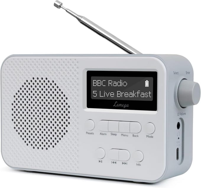 Draagbare DAB+ en FM Radio met Bluetooth, Oplaadbare Accu en Dubbele Wekker