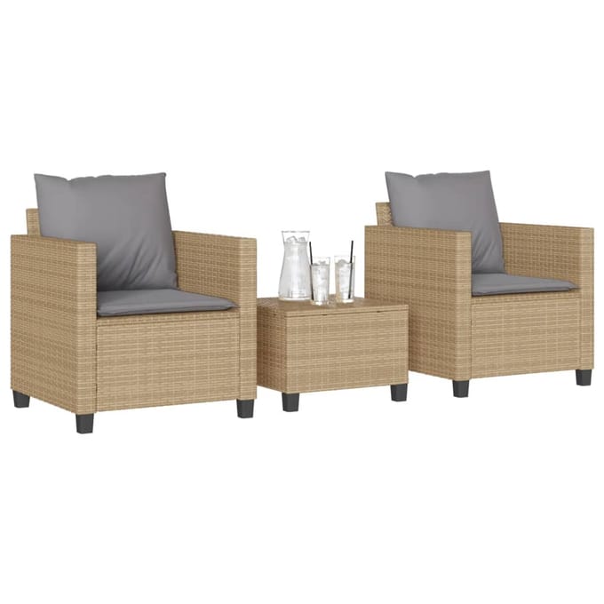 vidaXL - 3-delige - Bistroset - met - kussens - poly - rattan - beige
