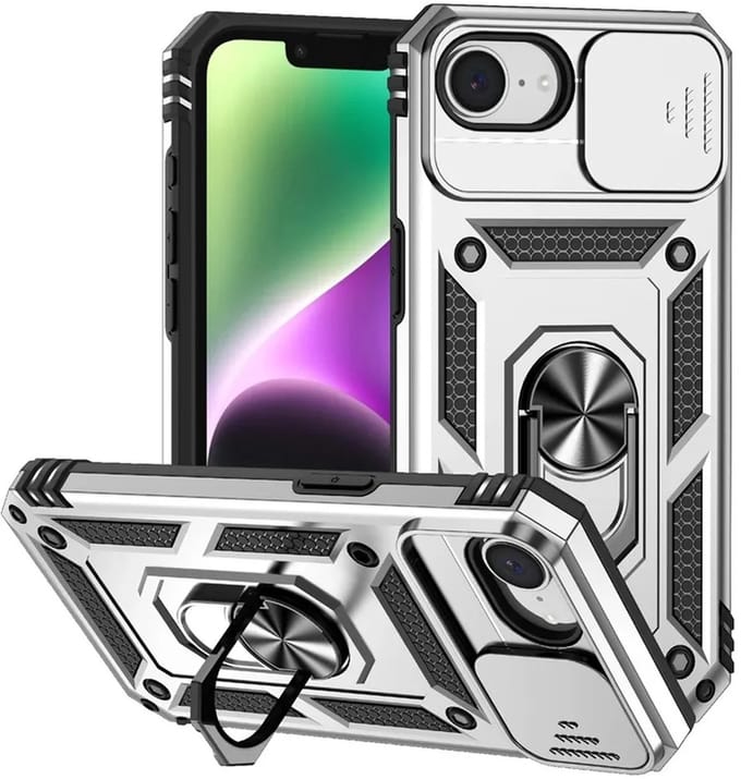 MobyDefend Hoesje - Geschikt voor iPhone 16e / iPhone 17e - Pantsercase Met Draaibare Ring - Zilvergrijs