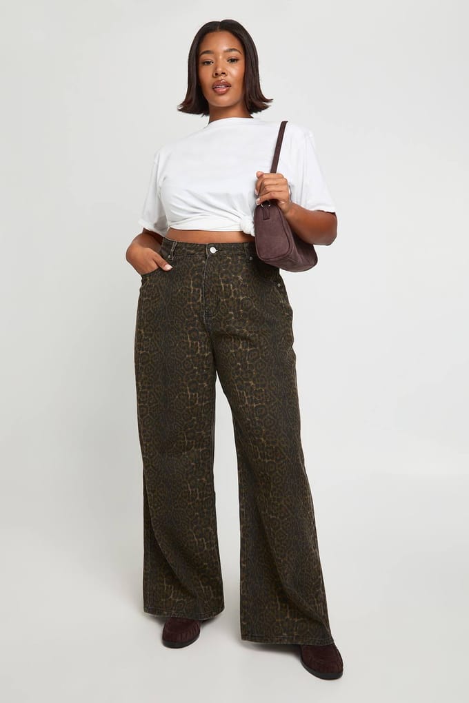 boohoo Dames Plus Leopard Hoge Taille Wijde Pijpen Jeans | Luipaardprint | Maat: 52