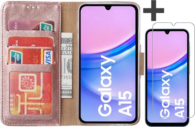 Hoesje met Screenprotector Geschikt voor Samsung Galaxy A15 – Arara bookcase met pasjeshouder - Rosegoud