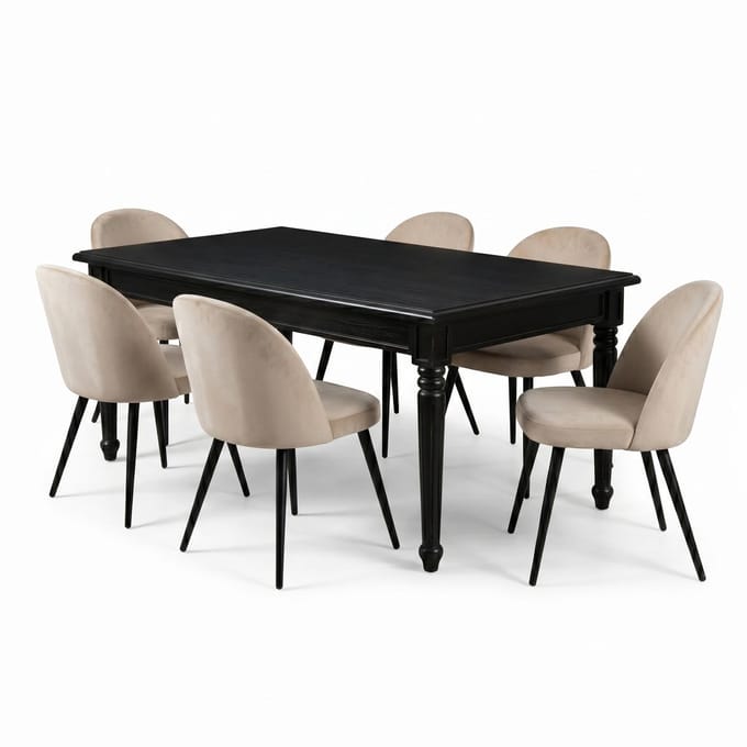 Amaretta eethoek tafel zwart 6 stoelen fluweel beige.