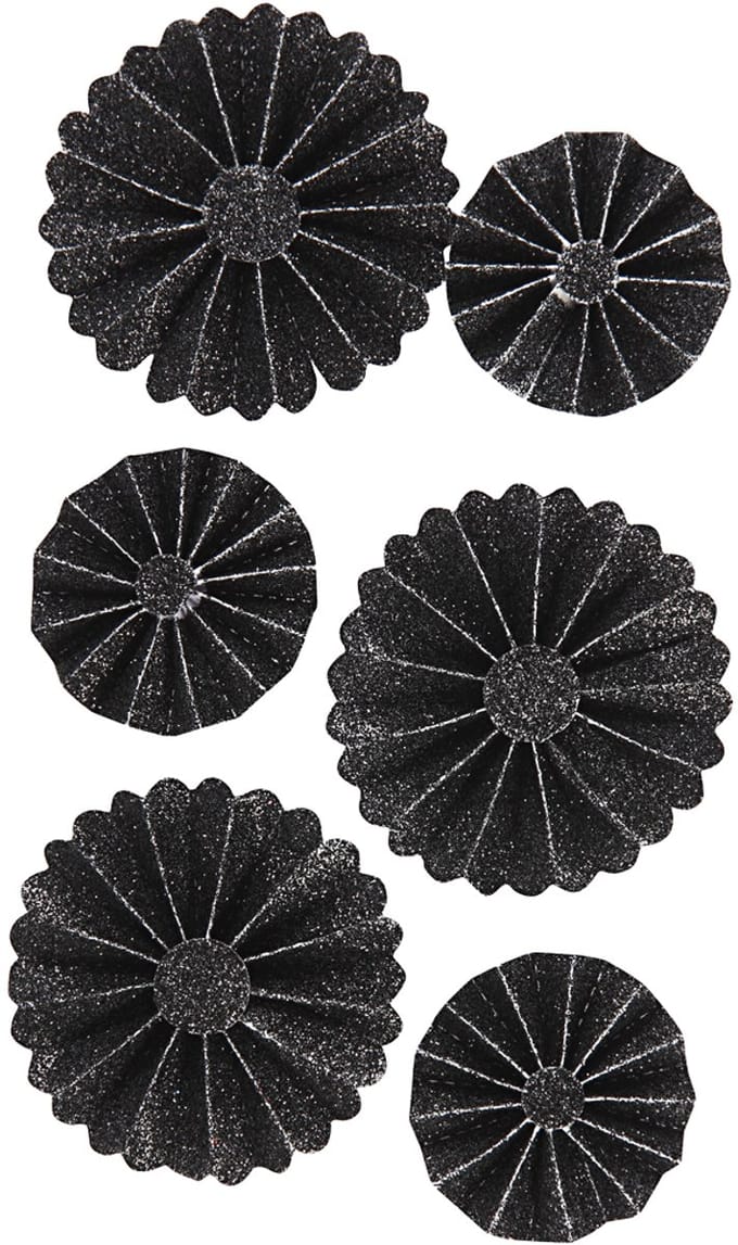 Rosettes, d 35+50 mm, zwart glitter, 6 stuk/ 1 doos