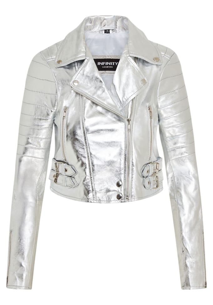 Dames zilveren cropped Brando leren bikerjack - Durban