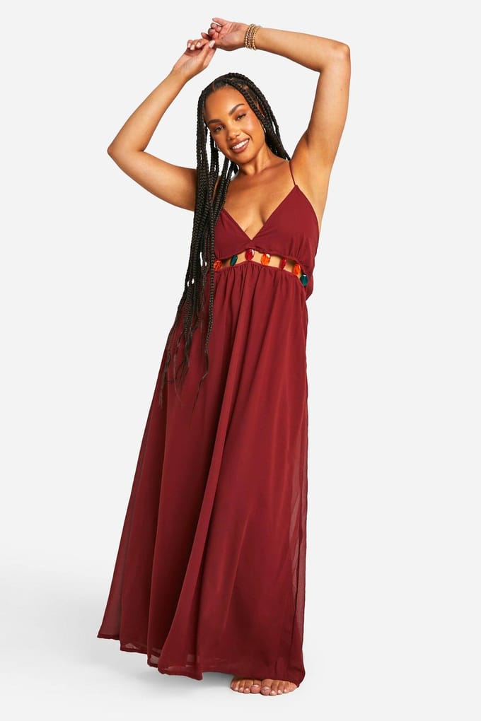 boohoo Dames Plus Met Kralen Versierde Strand Maxi Jurk | Dark Red | Maat: 28