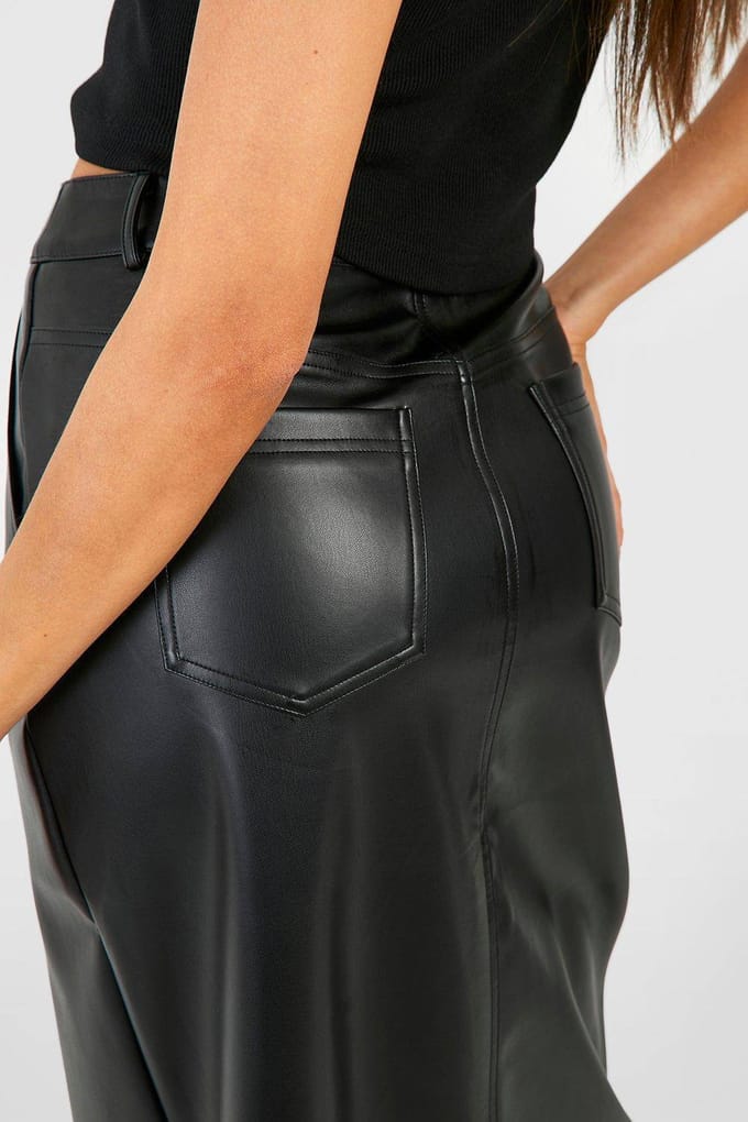 boohoo Dames Leather Look Hoge Taille Gespleten Maxi Rok | Black | Maat: 8