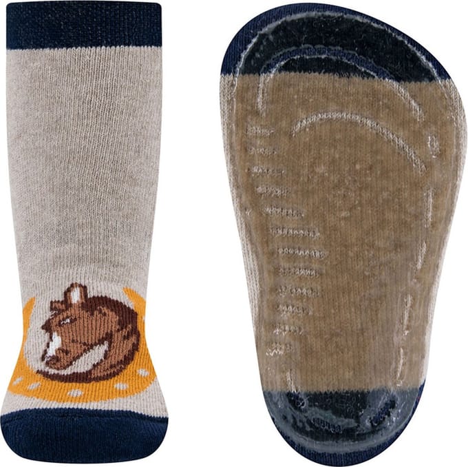 Ewers Antislipsok - Paard&Hoefijzer - Beige/Donkerblauw/Bruin - Siliconenzool-19/20