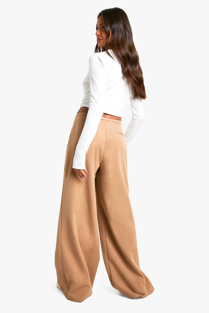 boohoo Dames Geploegde geweven wijde pijpenbroek | Camel | Maat: 36