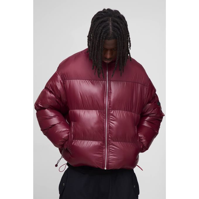 Boxy pasvorm Hoogglans Nylon Mix trechterkraag pufferjas | Burgundy | Size Medium
