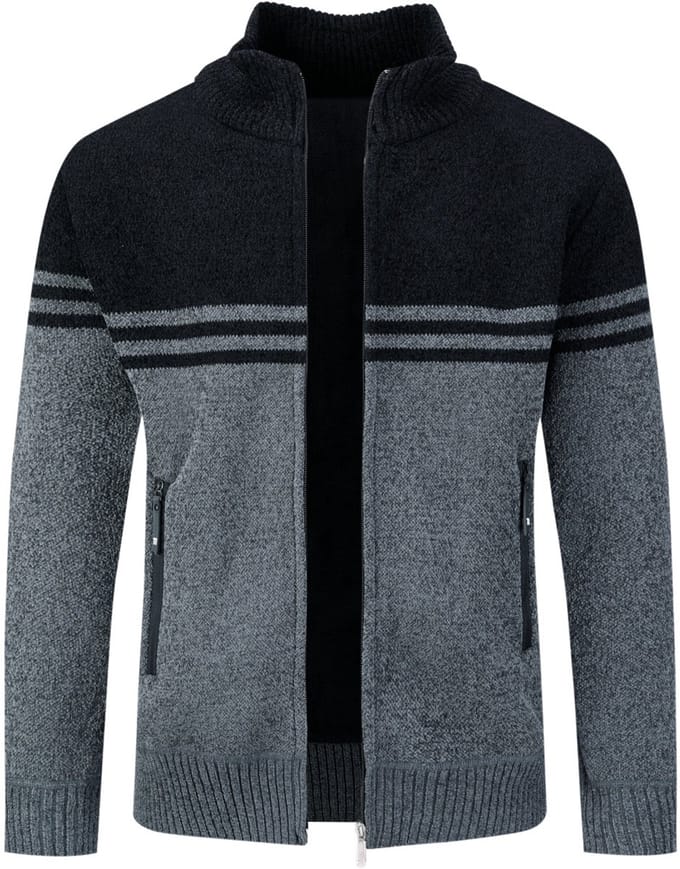 ALLTHEMEN Heren Cardigan met Opstaande Kraag - Gestreepte Ritssluiting - S