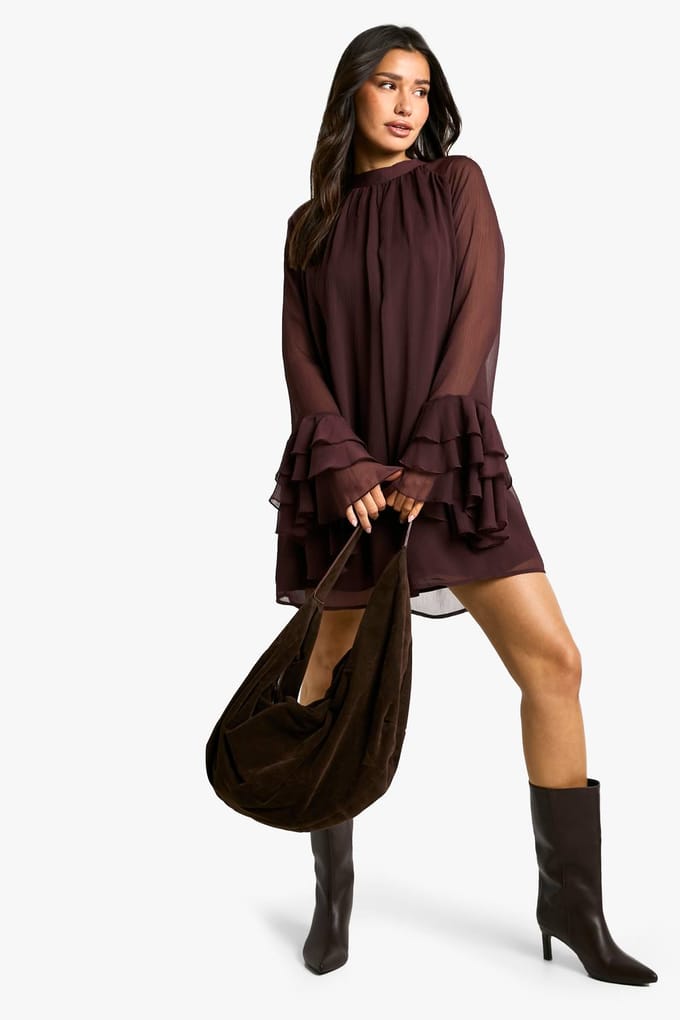 boohoo Dames Tall High Neck Volume Sleeve Chiffon Smock Dress | Pruim | Maat: 38
