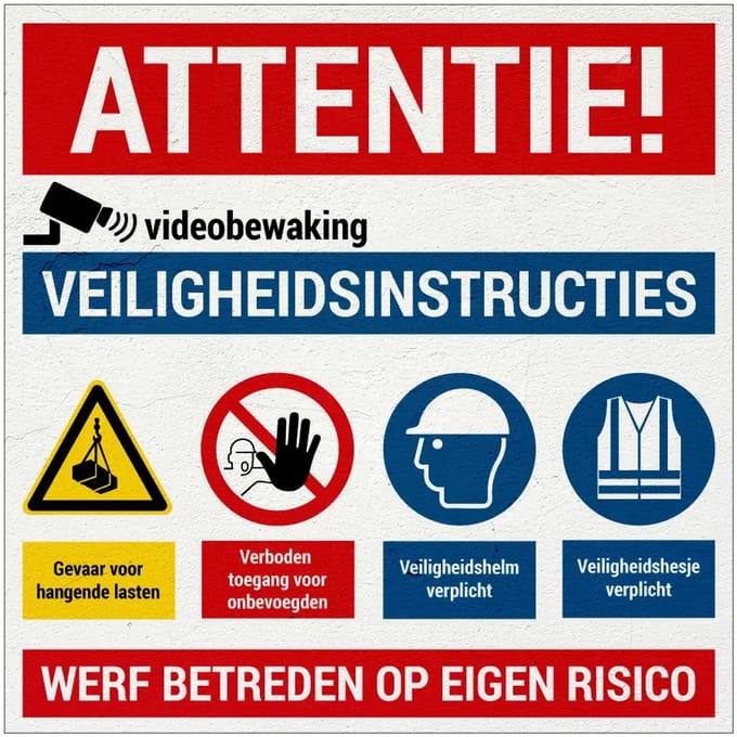 Werf betreden op eigen risico bord | Sign Again materiaal | 30 x 30 cm