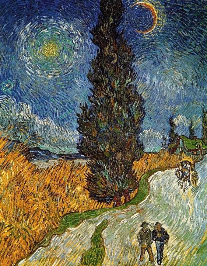 Kunstdruk Vincent Van Gogh - Landstrasse mit Zypresse und Stern 70x90cm