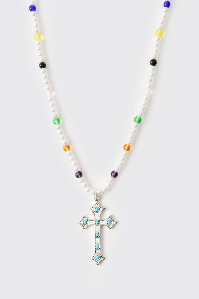 Edelsteen en Kruis Nepparelen Ketting | Pearl