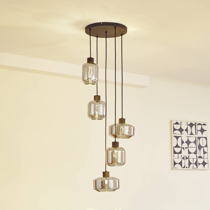 Lindby - hanglamp - 5lichts - Glas, ijzer - H: 16 cm - E27 - rookgrijs, zandzwart