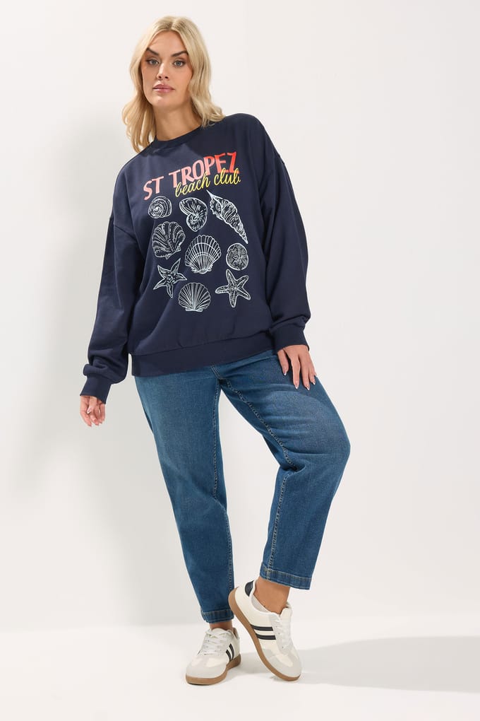 Yours Marineblauw 'St Tropez' Sweatshirt Met Schelpen Size 48