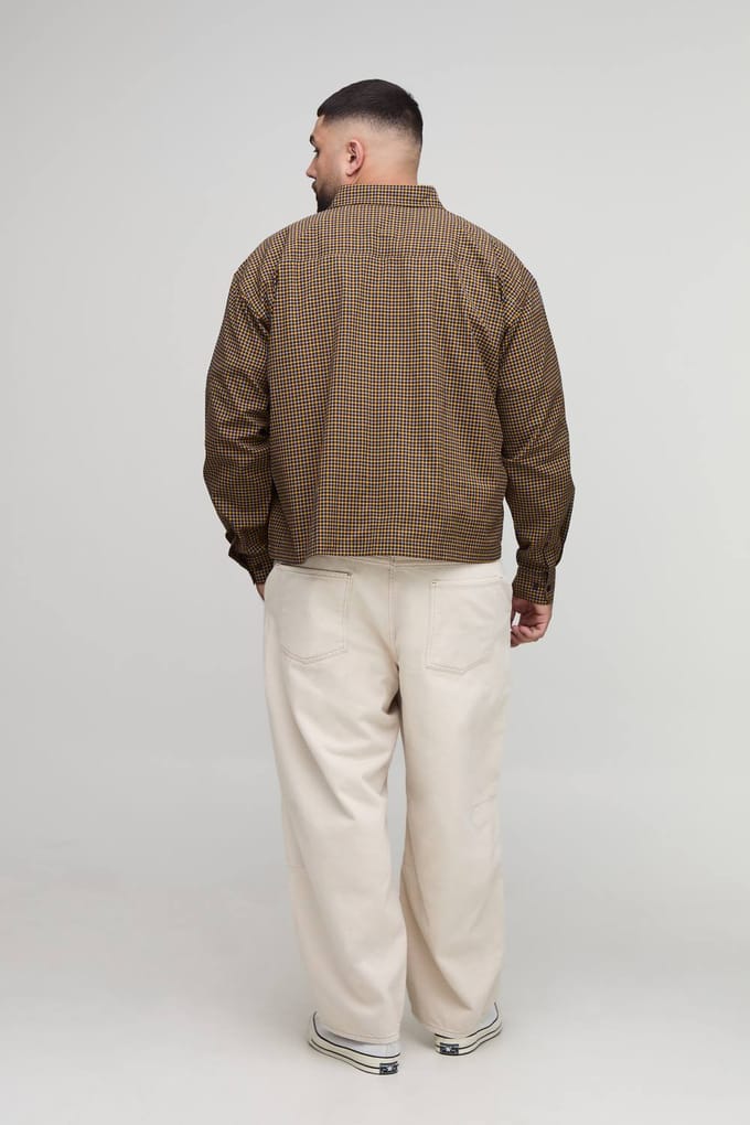Plus Overgrootte Boxy Heren Applique Micro Check Shirt | Chocolate | Size 3XL