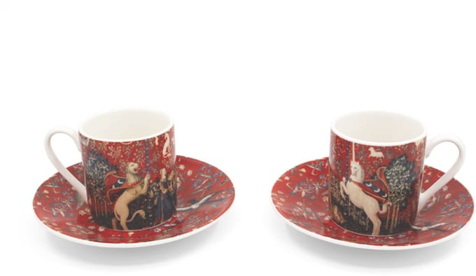Espresso set, Wandkleed Dame met de eenhoorn