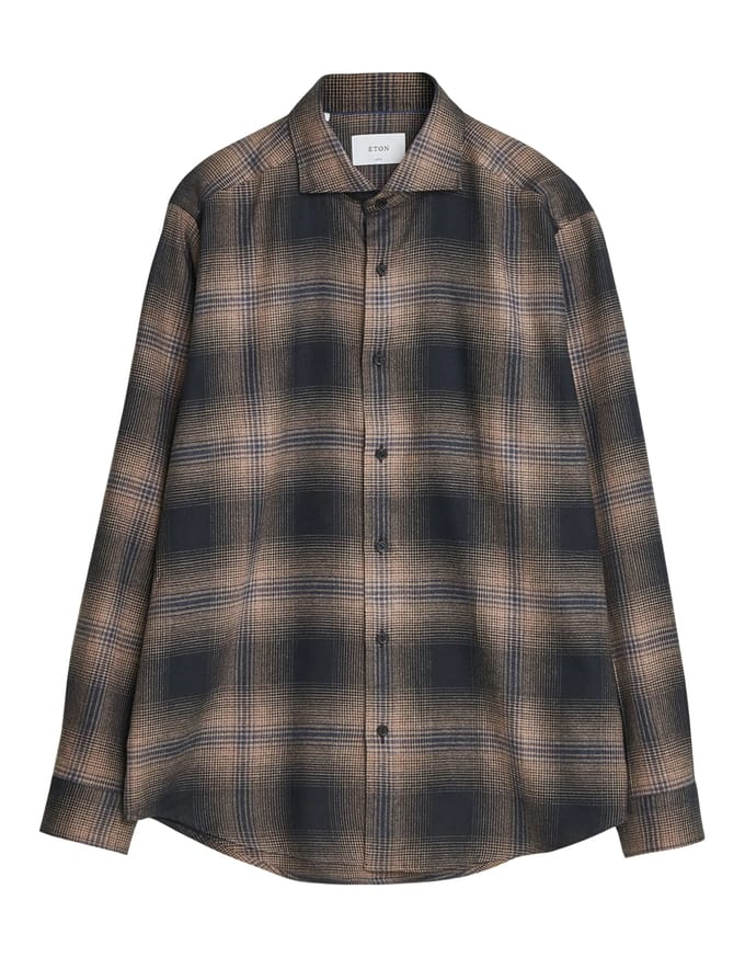 Eton Plaid Check Flannel Lange Mouw Overhemden Bruin 100015755